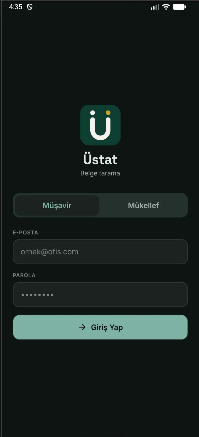 Üstat mobil uygulama giriş ekranı